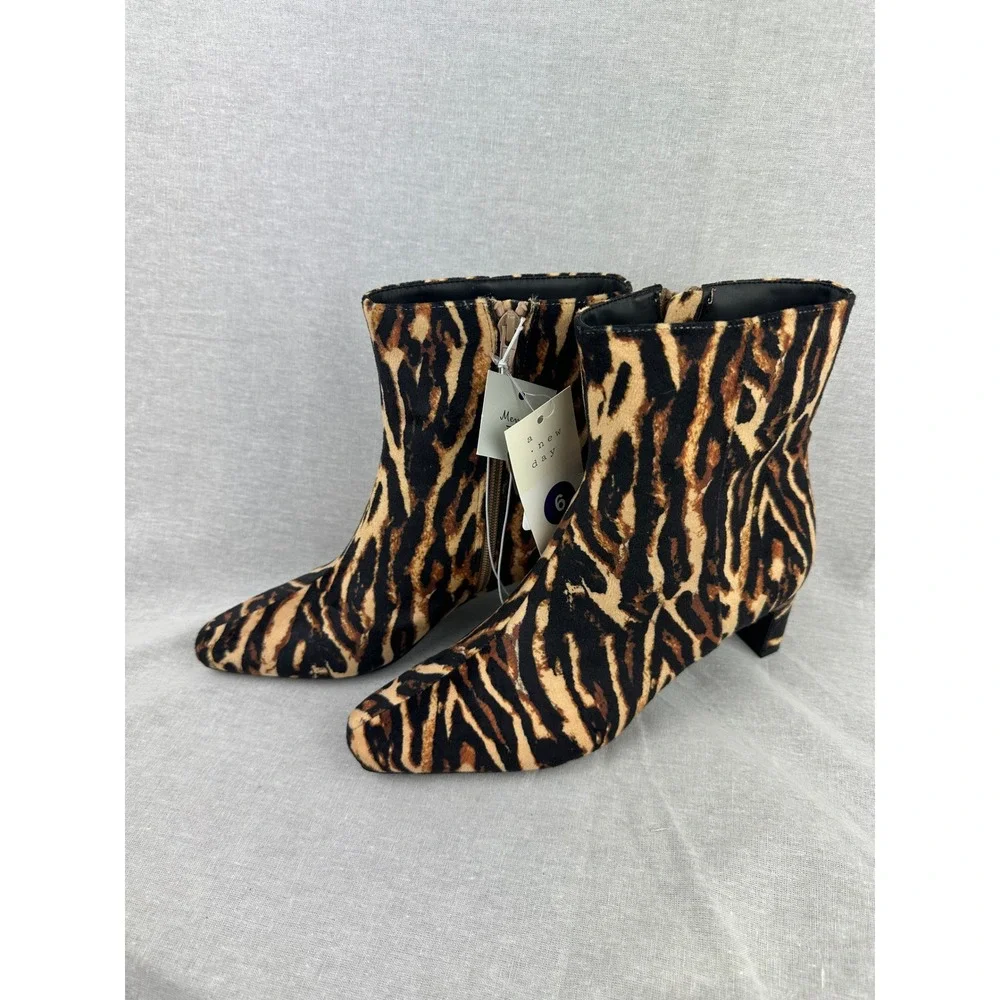 A New Day Womens Tiger Stripe Animal Print Ankle Boots Brown Black Size 6‎ NEW